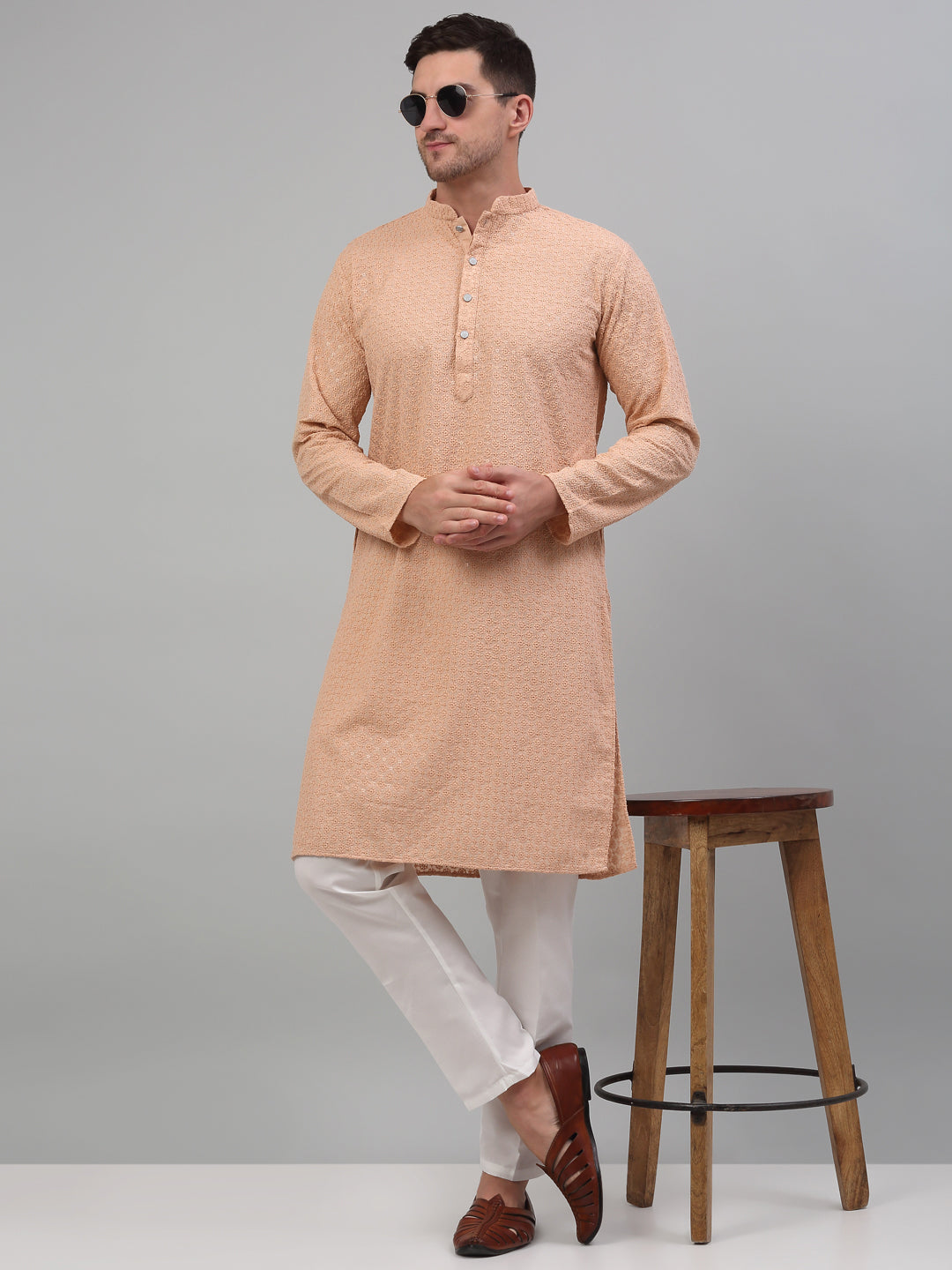 Jompers Men's Peach Chikankari Embroidered and Sequence Kurta with Pyjama | Grocsy