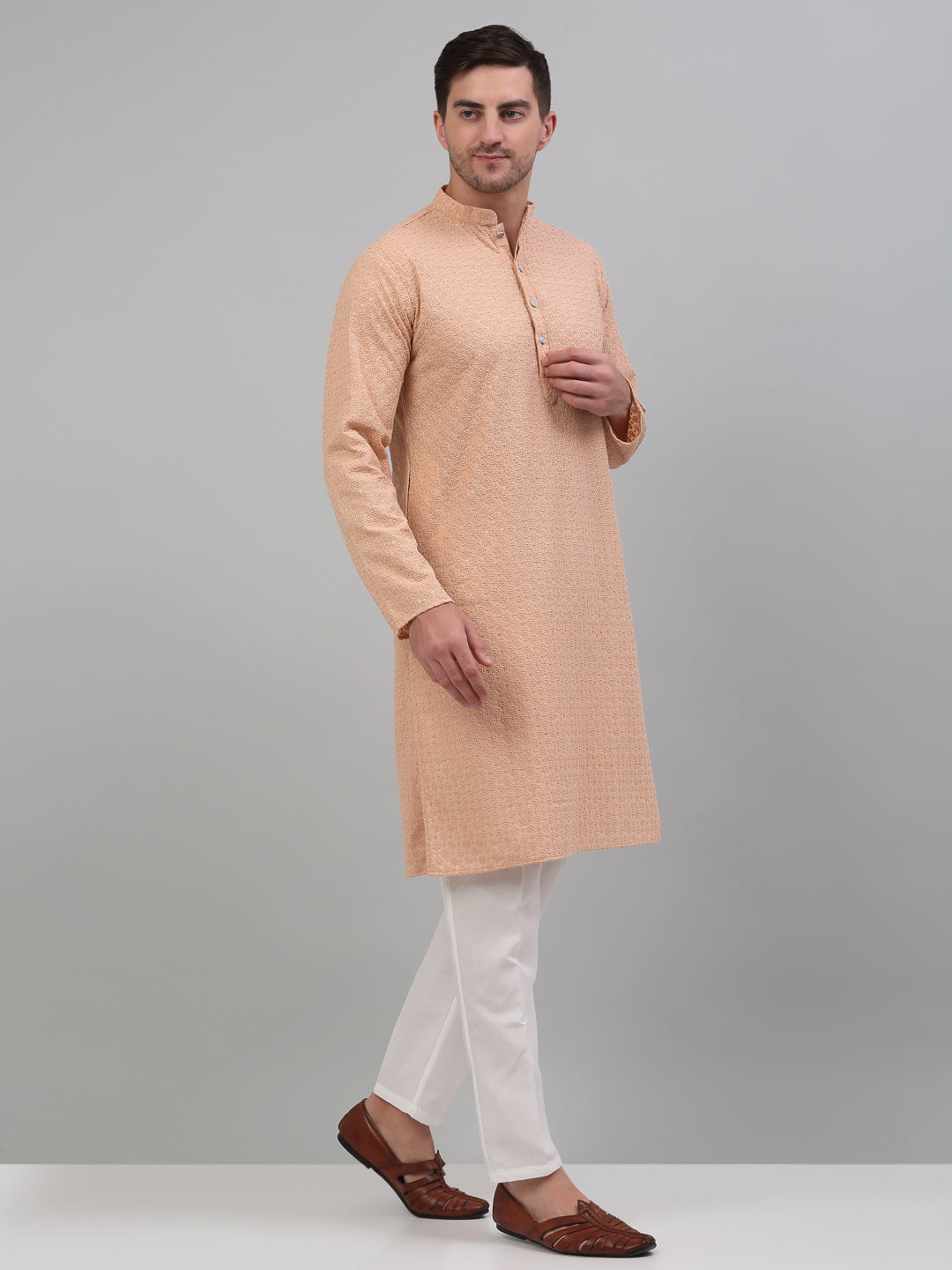 Jompers Men's Peach Chikankari Embroidered and Sequence Kurta with Pyjama | Grocsy