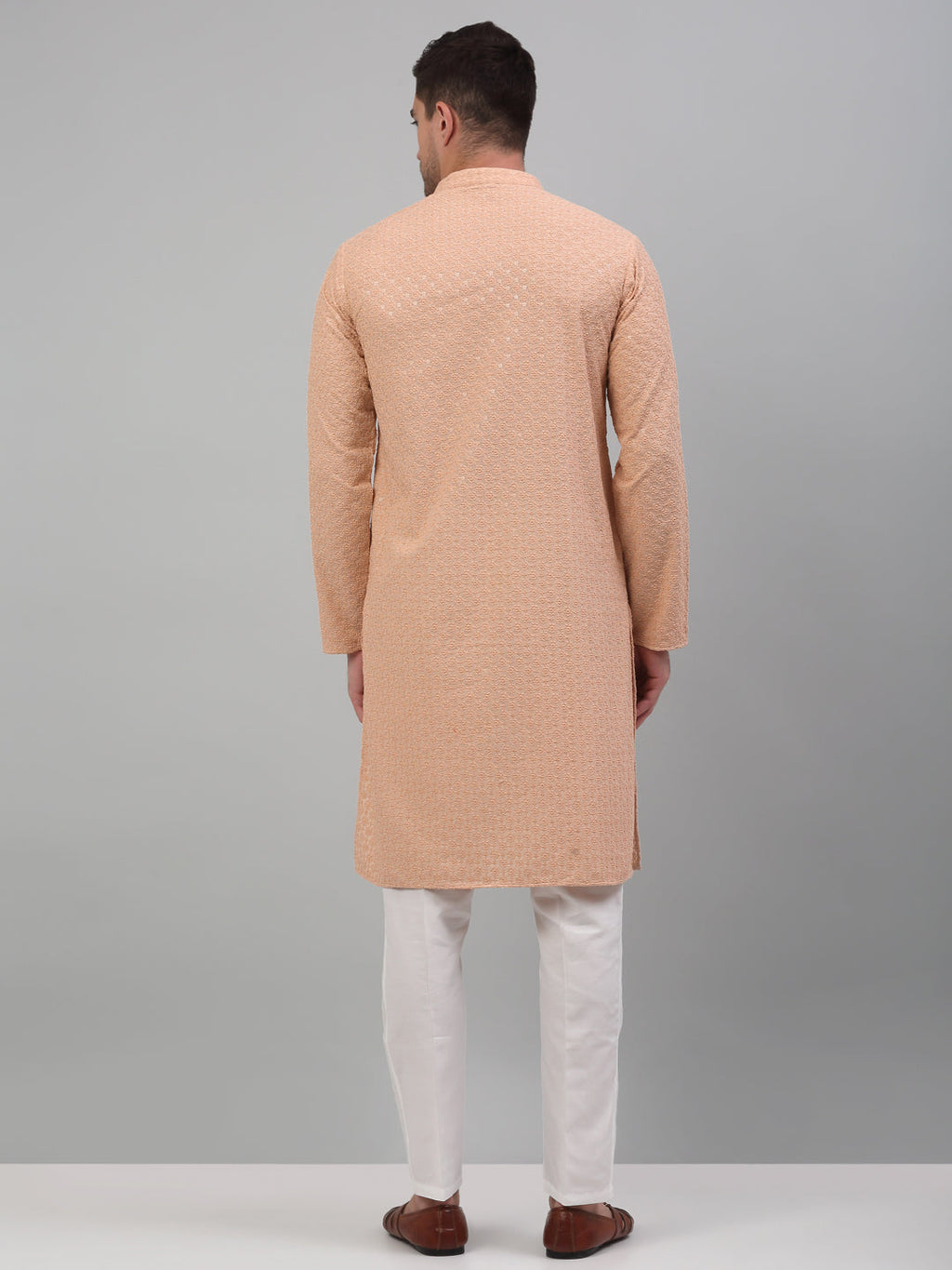 Jompers Men's Peach Chikankari Embroidered and Sequence Kurta with Pyjama | Grocsy