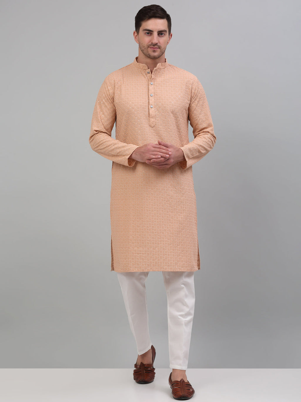 Jompers Men's Peach Chikankari Embroidered and Sequence Kurta with Pyjama | Grocsy