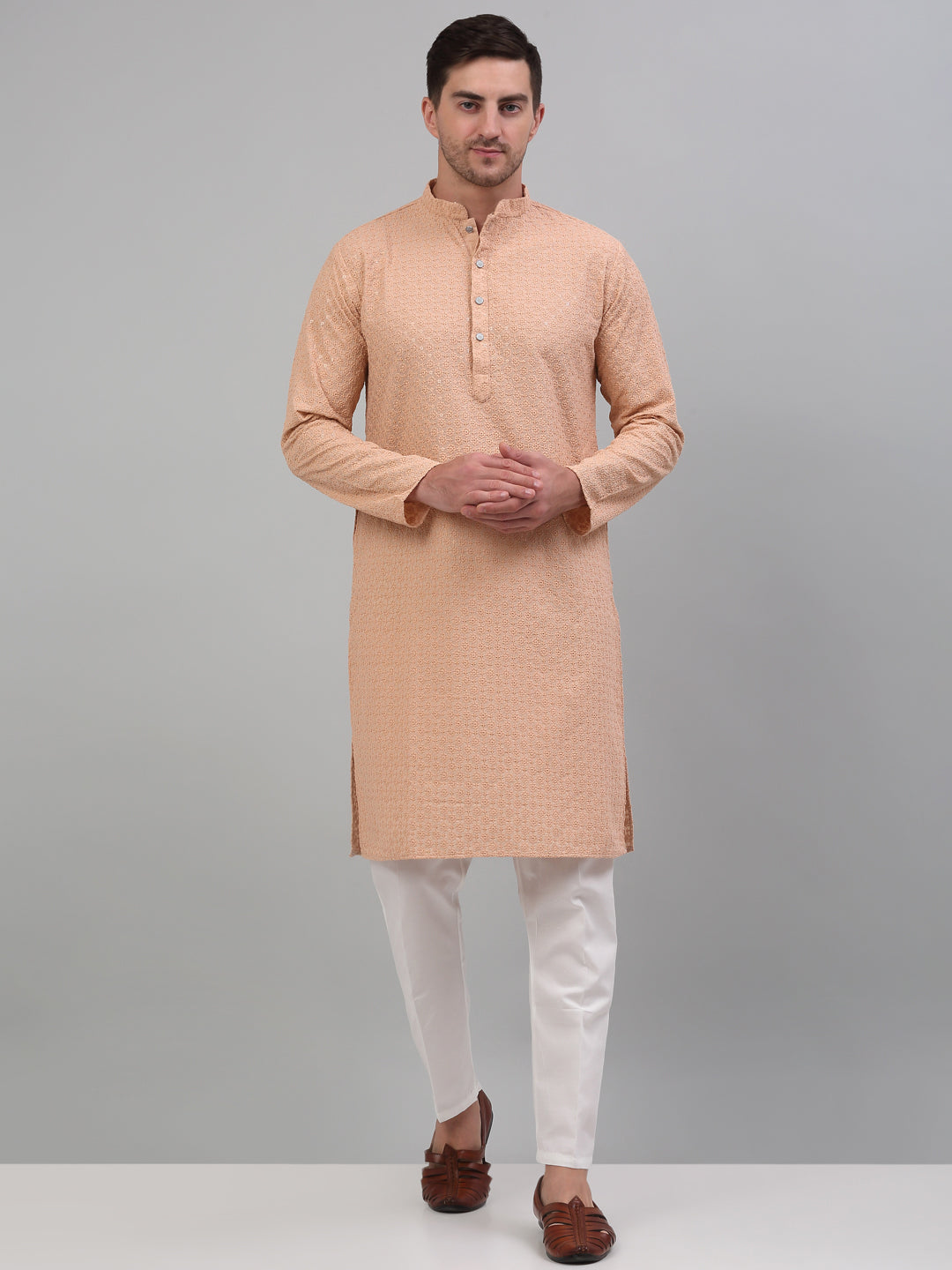 Jompers Men's Peach Chikankari Embroidered and Sequence Kurta with Pyjama | Grocsy