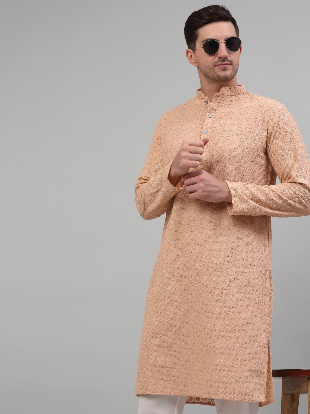 Jompers Men's Peach Chikankari Embroidered and Sequence Kurta with Pyjama | Grocsy