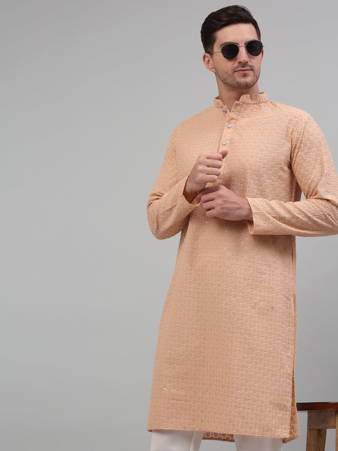 Jompers Men's Peach Chikankari Embroidered and Sequence Kurta with Pyjama | Grocsy