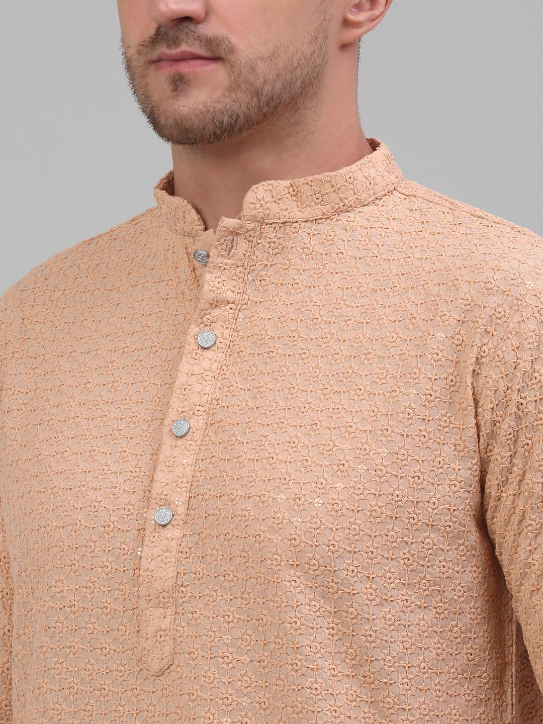 Jompers Men's Peach Chikankari Embroidered and Sequence Kurta with Pyjama | Grocsy