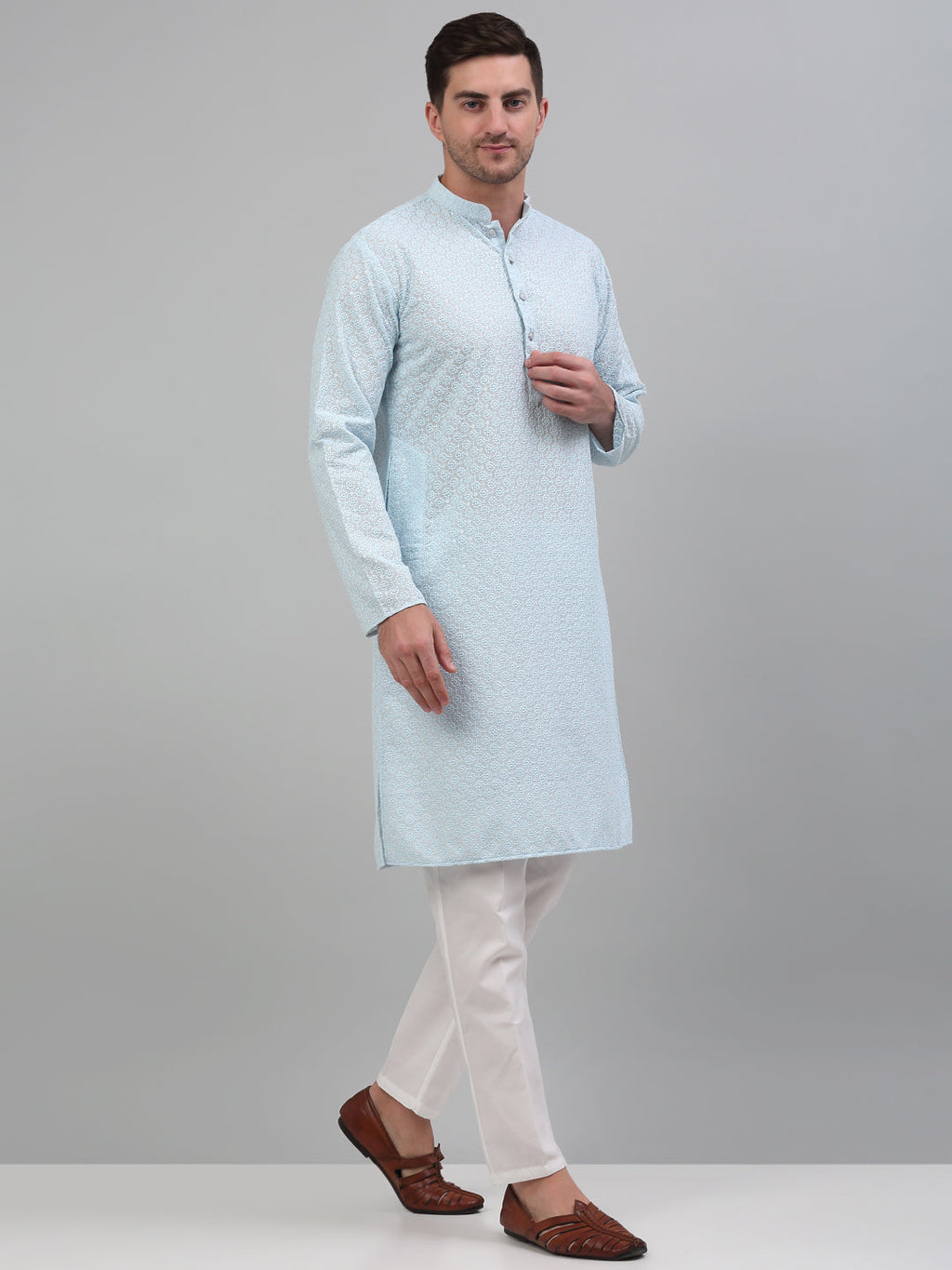 Jompers Men's Sky Blue Chikankari Embroidered and Sequence Kurta with Pyjama | Grocsy