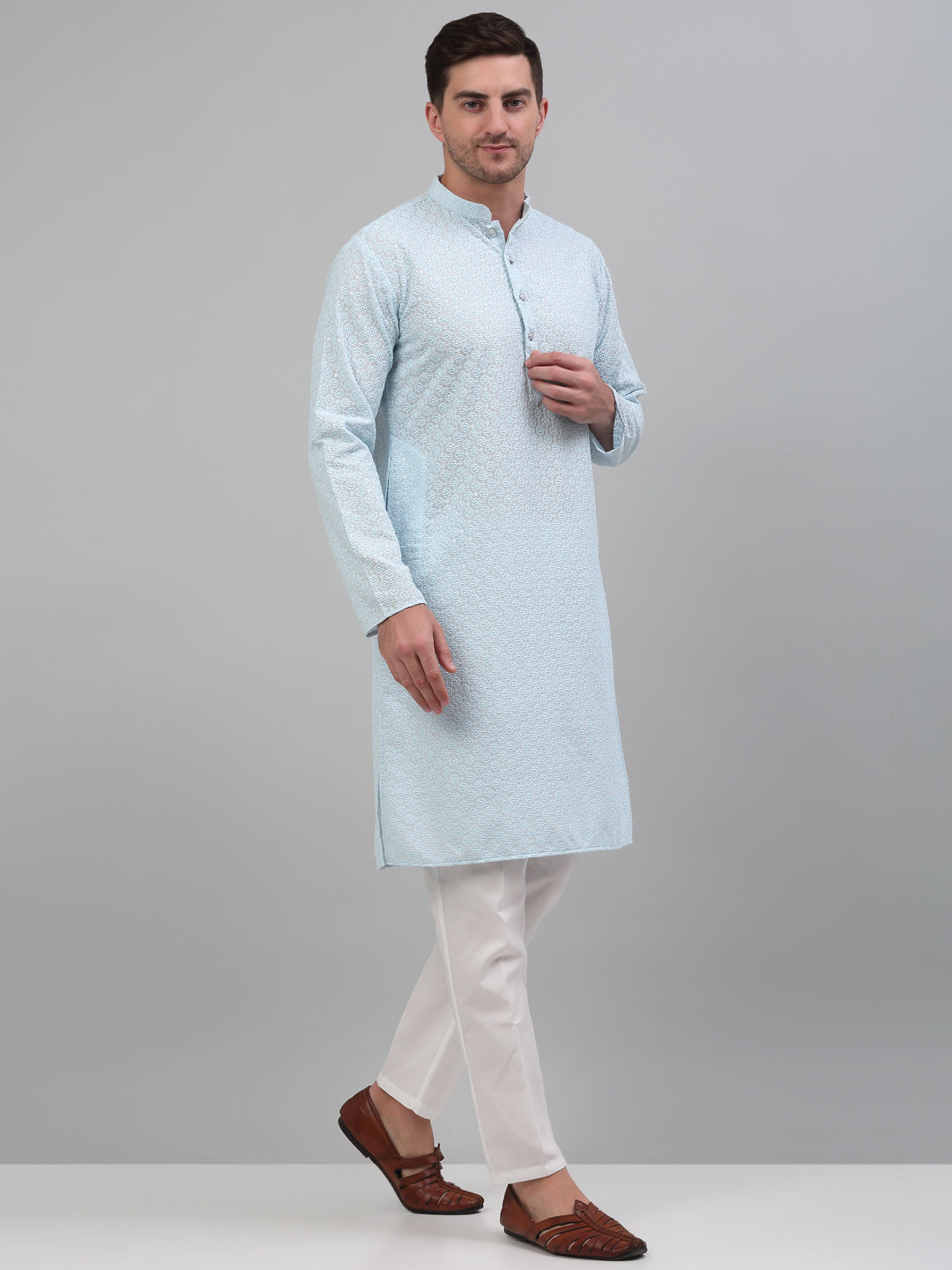 Jompers Men's Sky Blue Chikankari Embroidered and Sequence Kurta with Pyjama | Grocsy