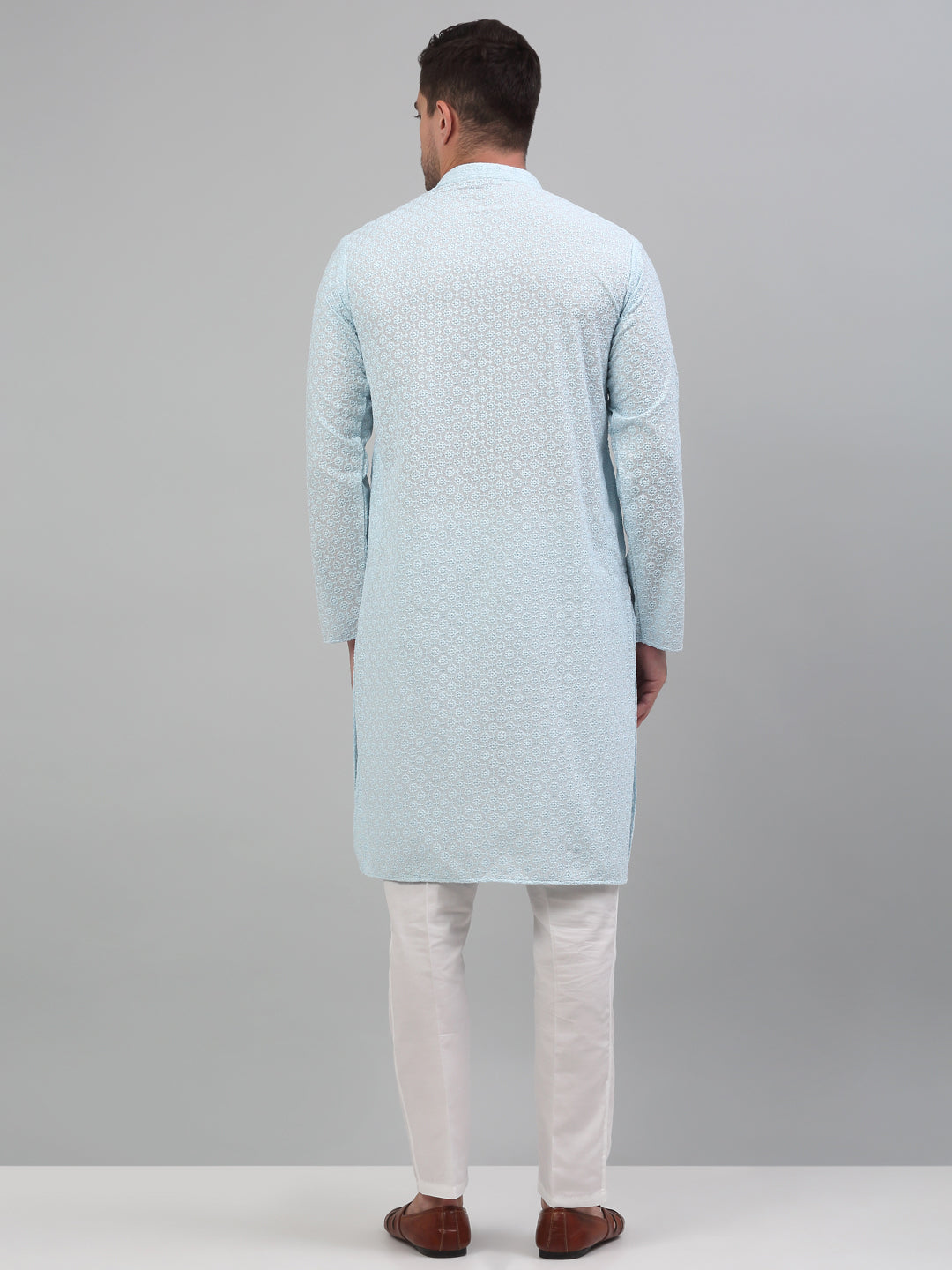 Jompers Men's Sky Blue Chikankari Embroidered and Sequence Kurta with Pyjama | Grocsy
