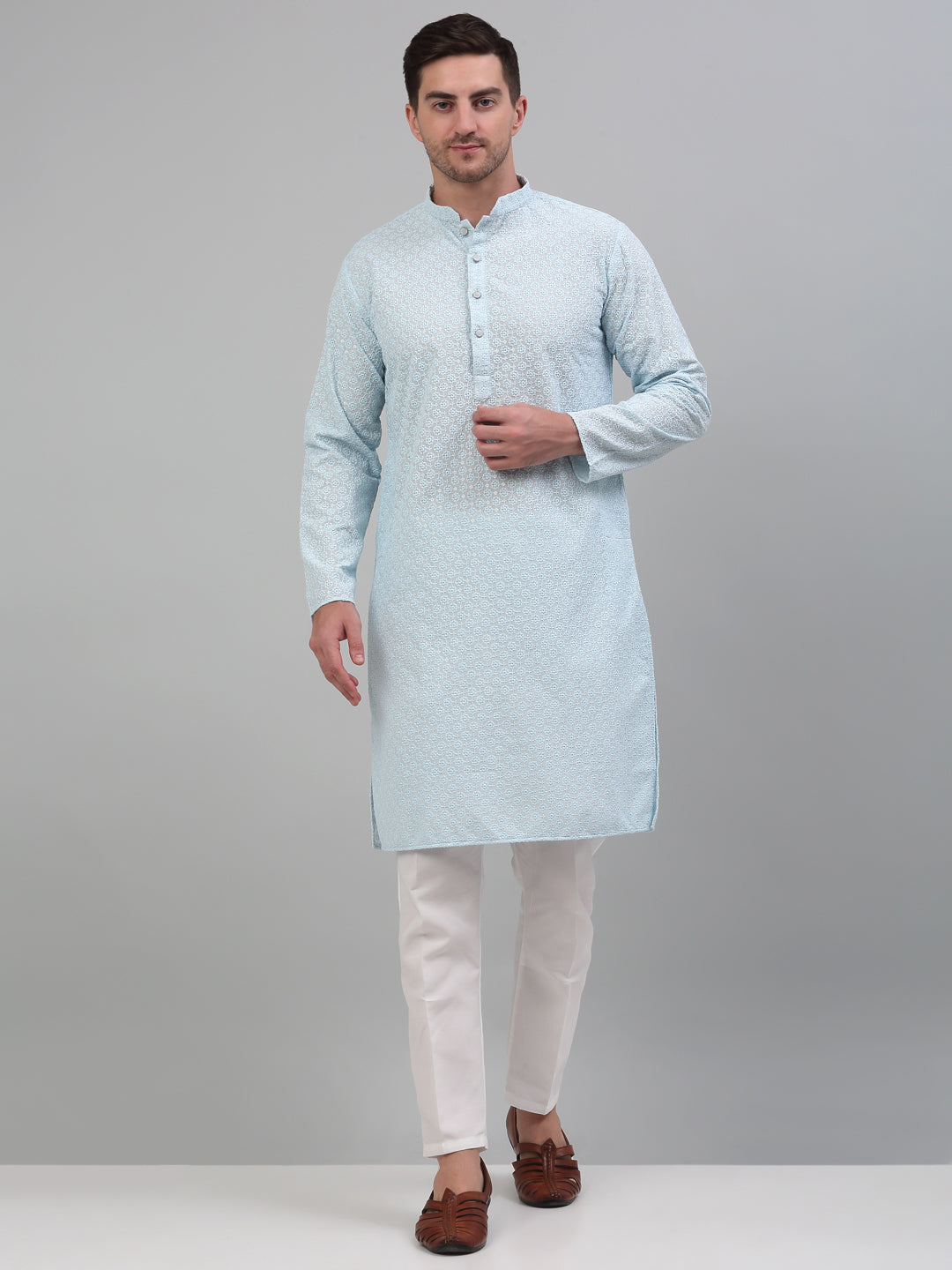 Jompers Men's Sky Blue Chikankari Embroidered and Sequence Kurta with Pyjama | Grocsy