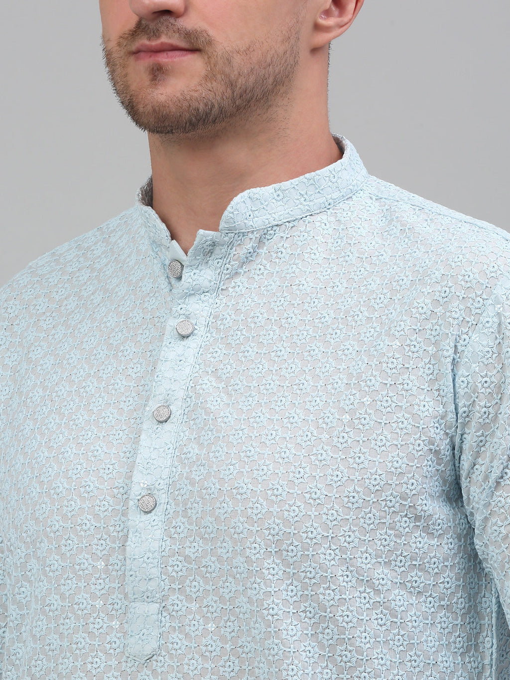 Jompers Men's Sky Blue Chikankari Embroidered and Sequence Kurta with Pyjama | Grocsy