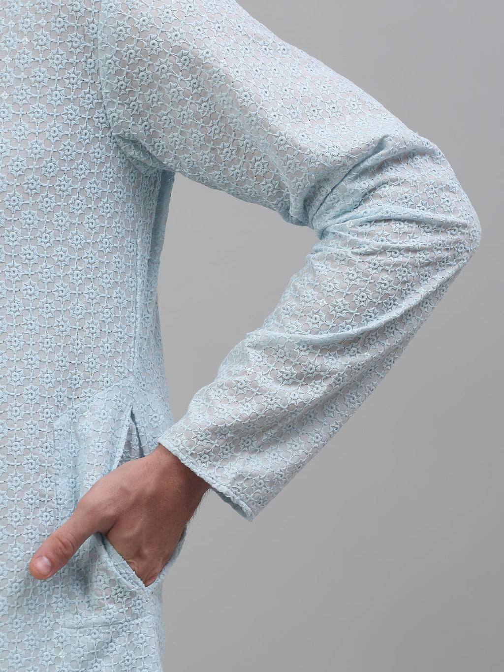 Jompers Men's Sky Blue Chikankari Embroidered and Sequence Kurta with Pyjama | Grocsy