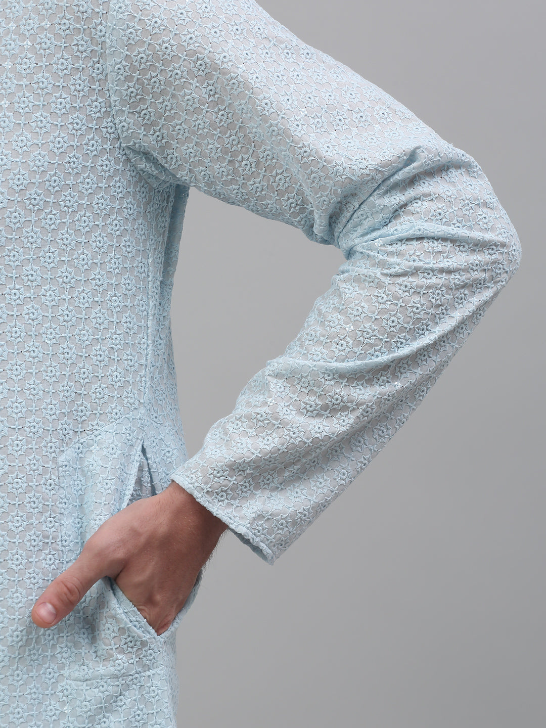 Jompers Men's Sky Blue Chikankari Embroidered and Sequence Kurta with Pyjama | Grocsy