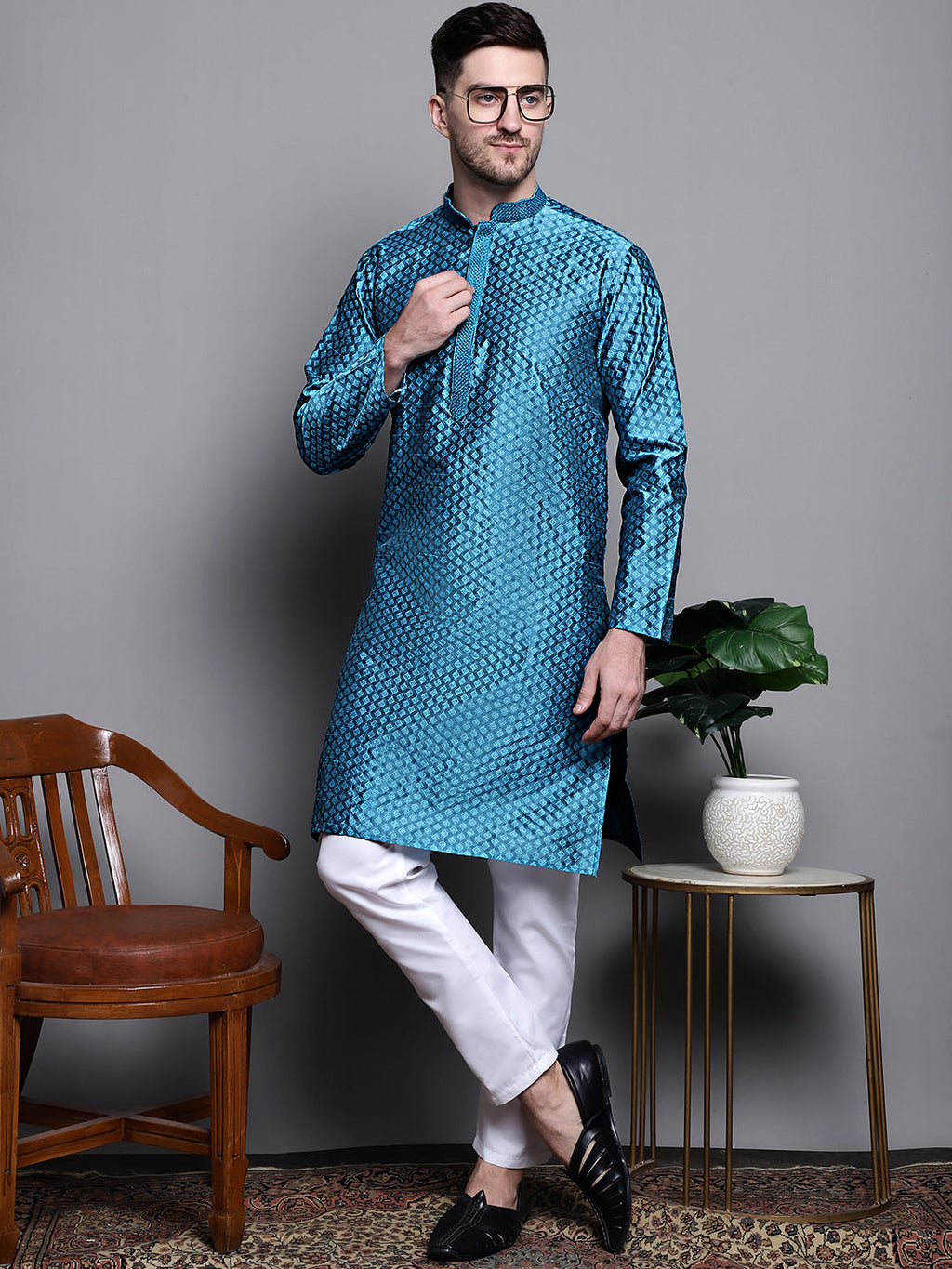 Jompers Men's Woven Design Kurta with Pyjamas - Peacock | Grocsy