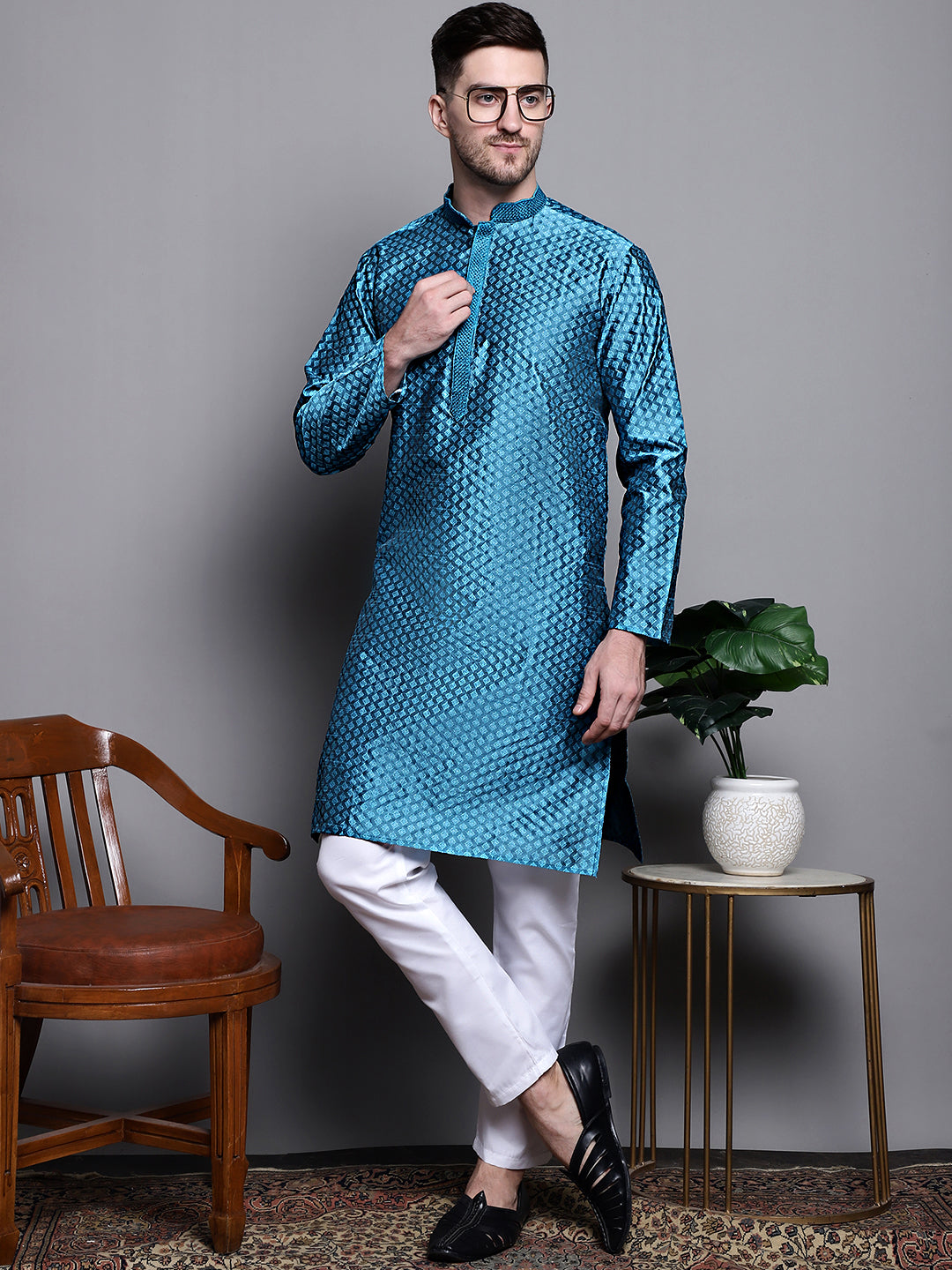 Jompers Men's Woven Design Kurta with Pyjamas - Peacock | Grocsy
