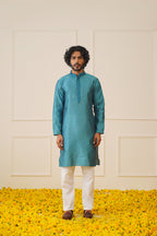 Jompers Men's Peacock Blue Collar Embroidered Kurta - Peacock | Grocsy