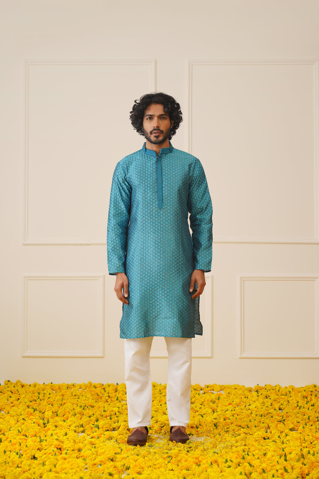 Jompers Men's Peacock Blue Collar Embroidered Kurta - Peacock | Grocsy