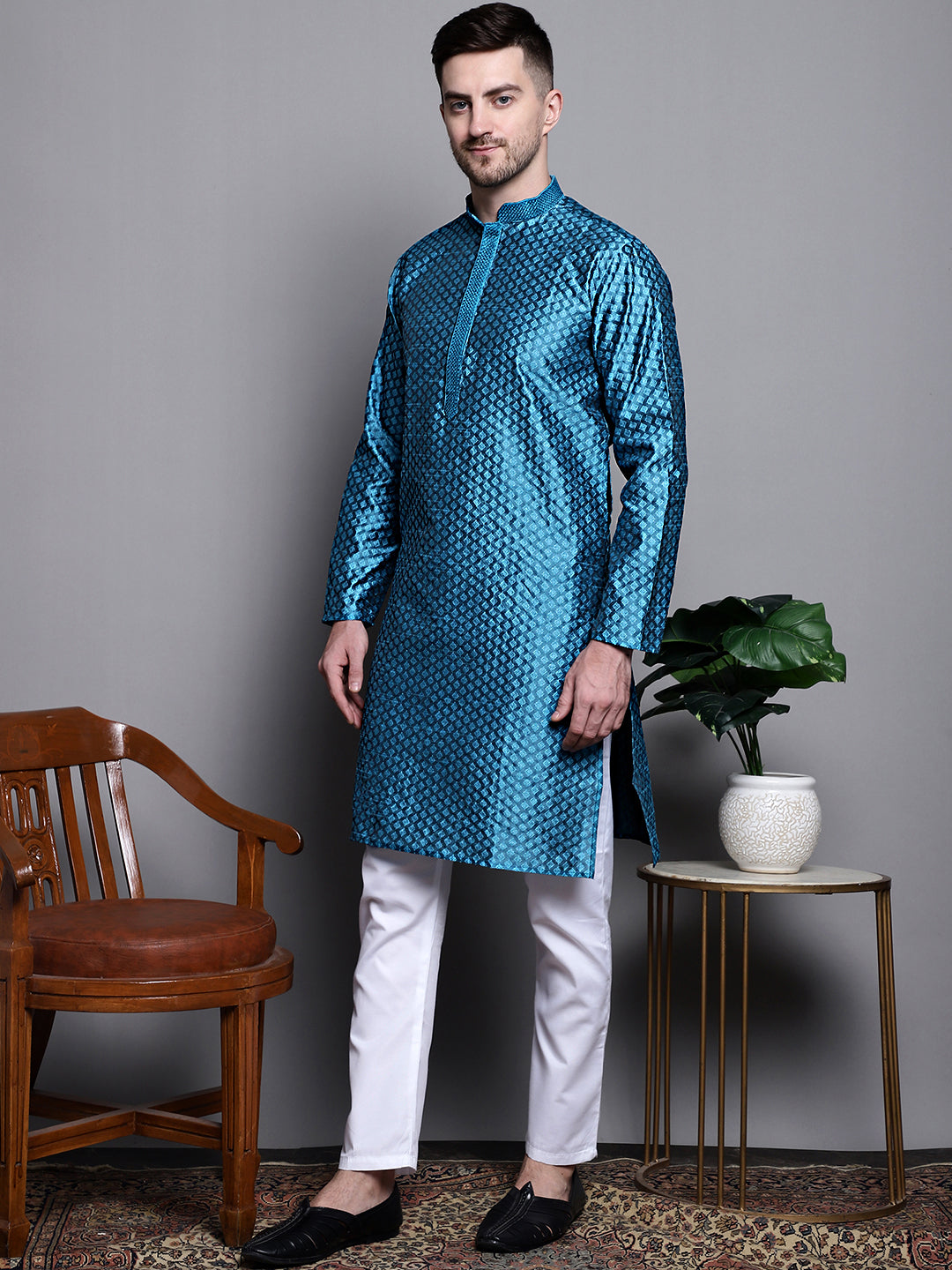 Jompers Men's Woven Design Kurta with Pyjamas - Peacock | Grocsy