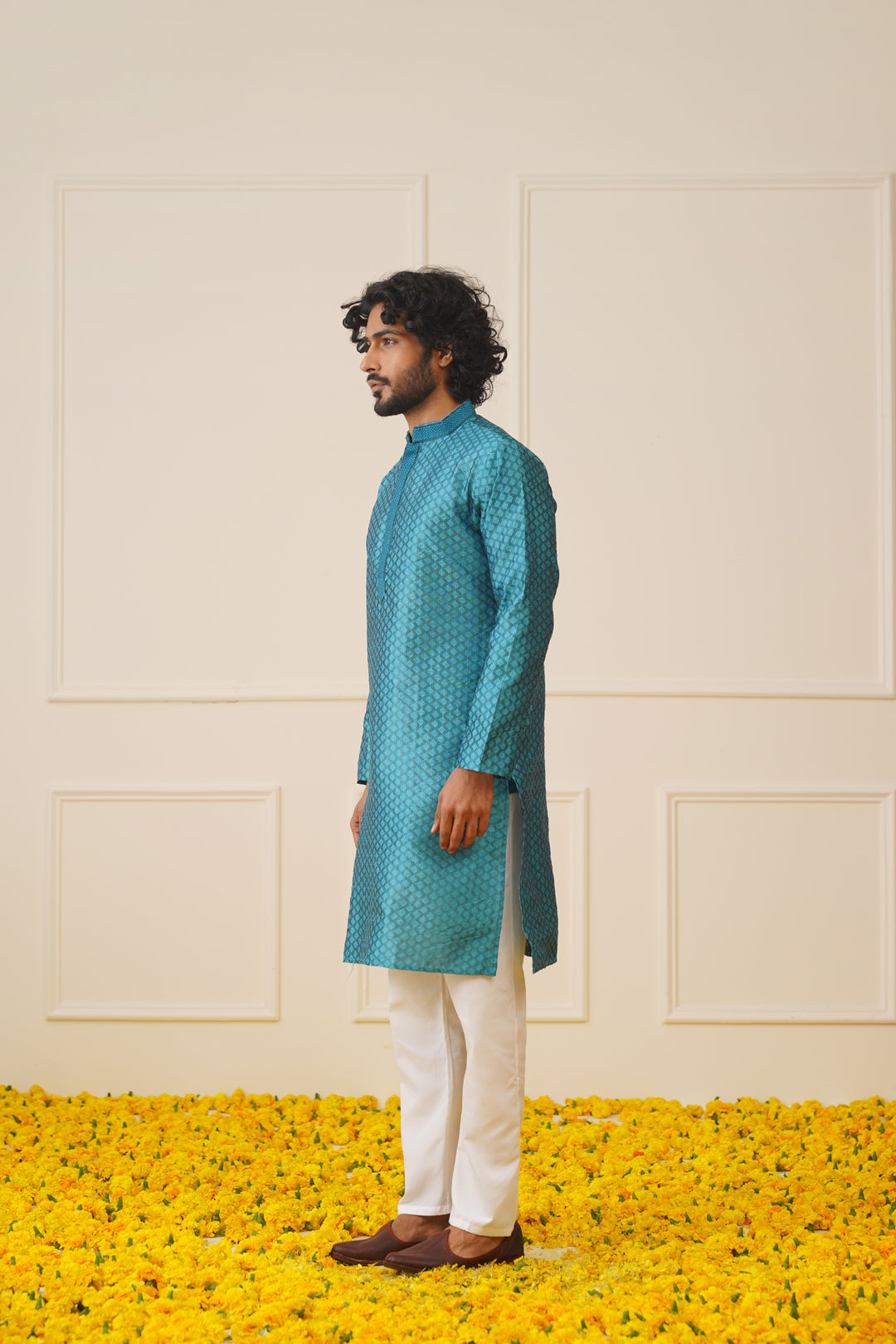 Jompers Men's Peacock Blue Collar Embroidered Kurta - Peacock | Grocsy