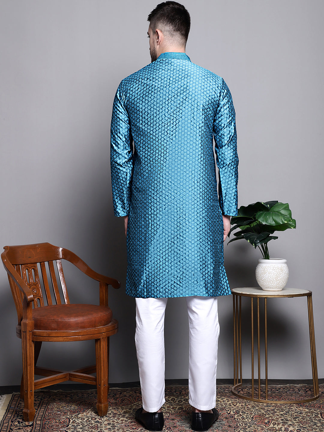 Jompers Men's Woven Design Kurta with Pyjamas - Peacock | Grocsy