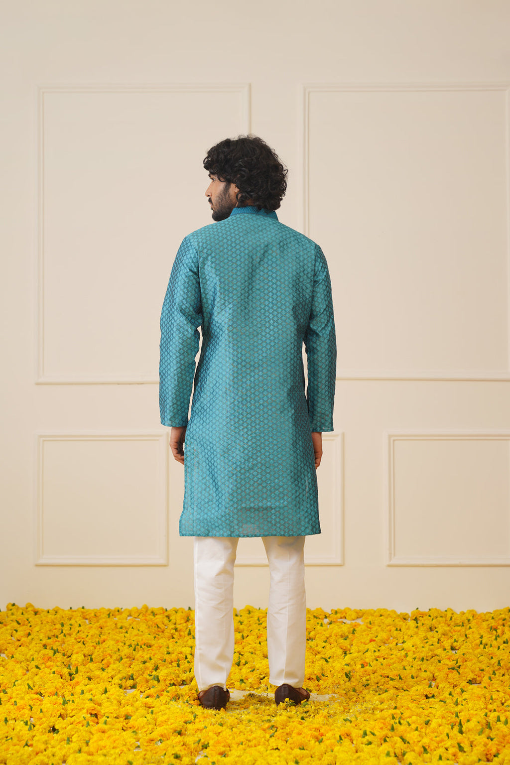 Jompers Men's Peacock Blue Collar Embroidered Kurta - Peacock | Grocsy