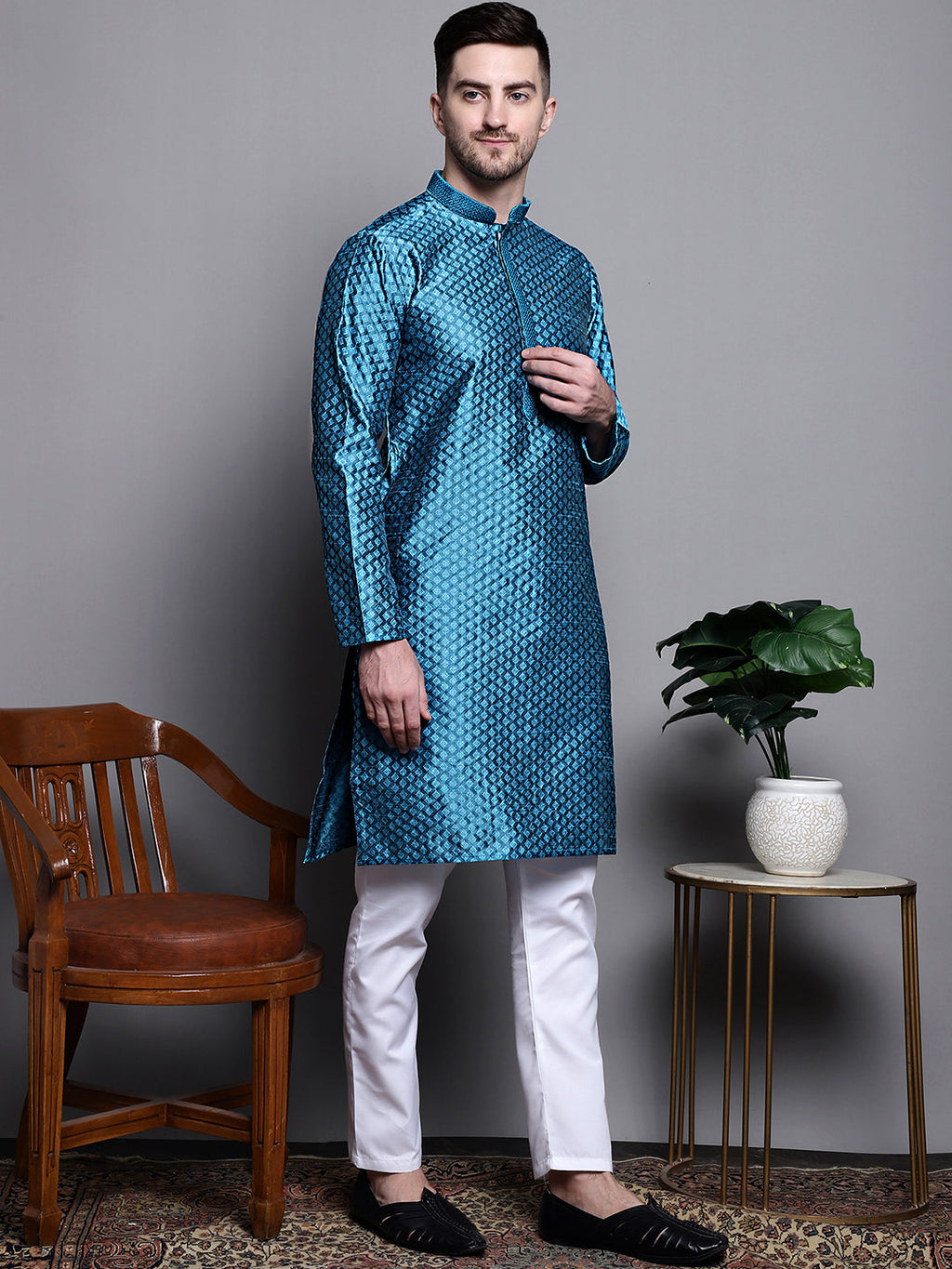 Jompers Men's Woven Design Kurta with Pyjamas - Peacock | Grocsy