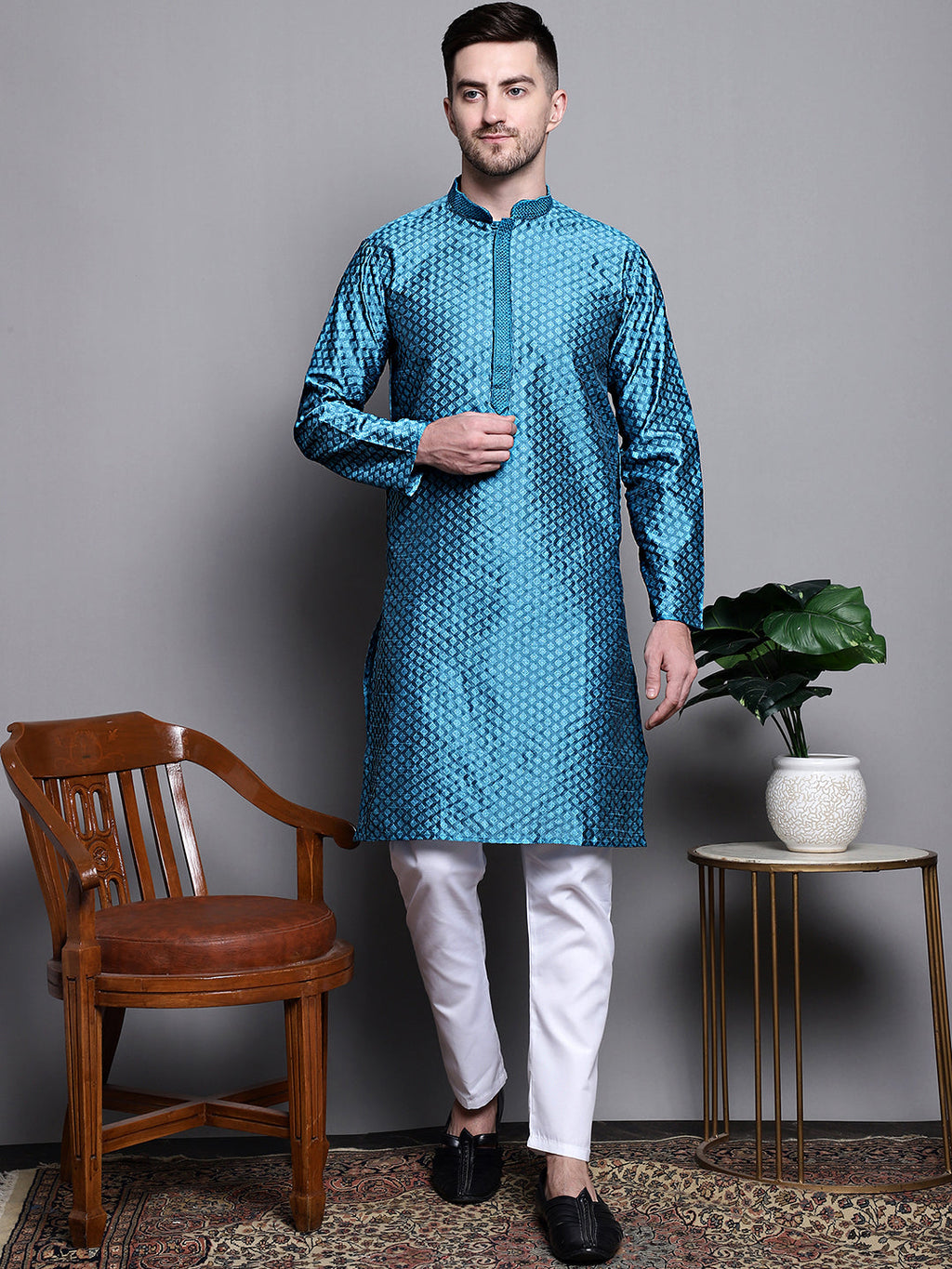 Jompers Men's Woven Design Kurta with Pyjamas - Peacock | Grocsy