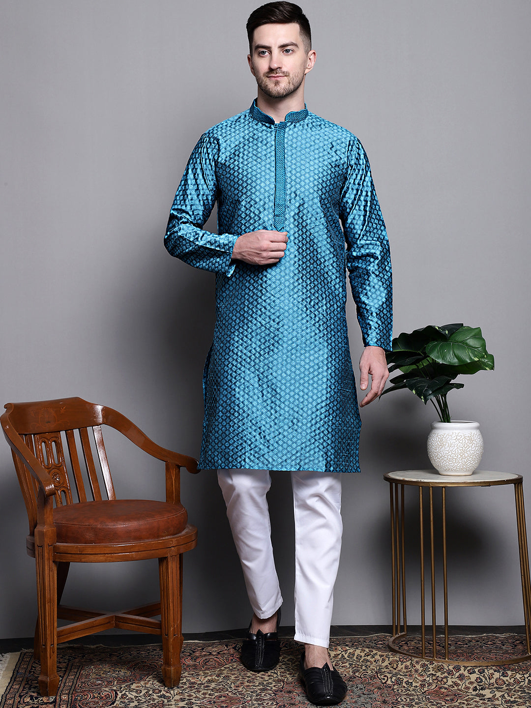 Jompers Men's Woven Design Kurta with Pyjamas - Peacock | Grocsy