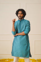 Jompers Men's Peacock Blue Collar Embroidered Kurta - Peacock | Grocsy