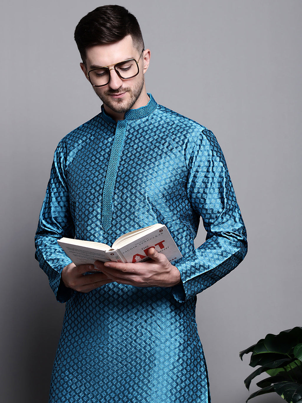 Jompers Men's Woven Design Kurta with Pyjamas - Peacock | Grocsy