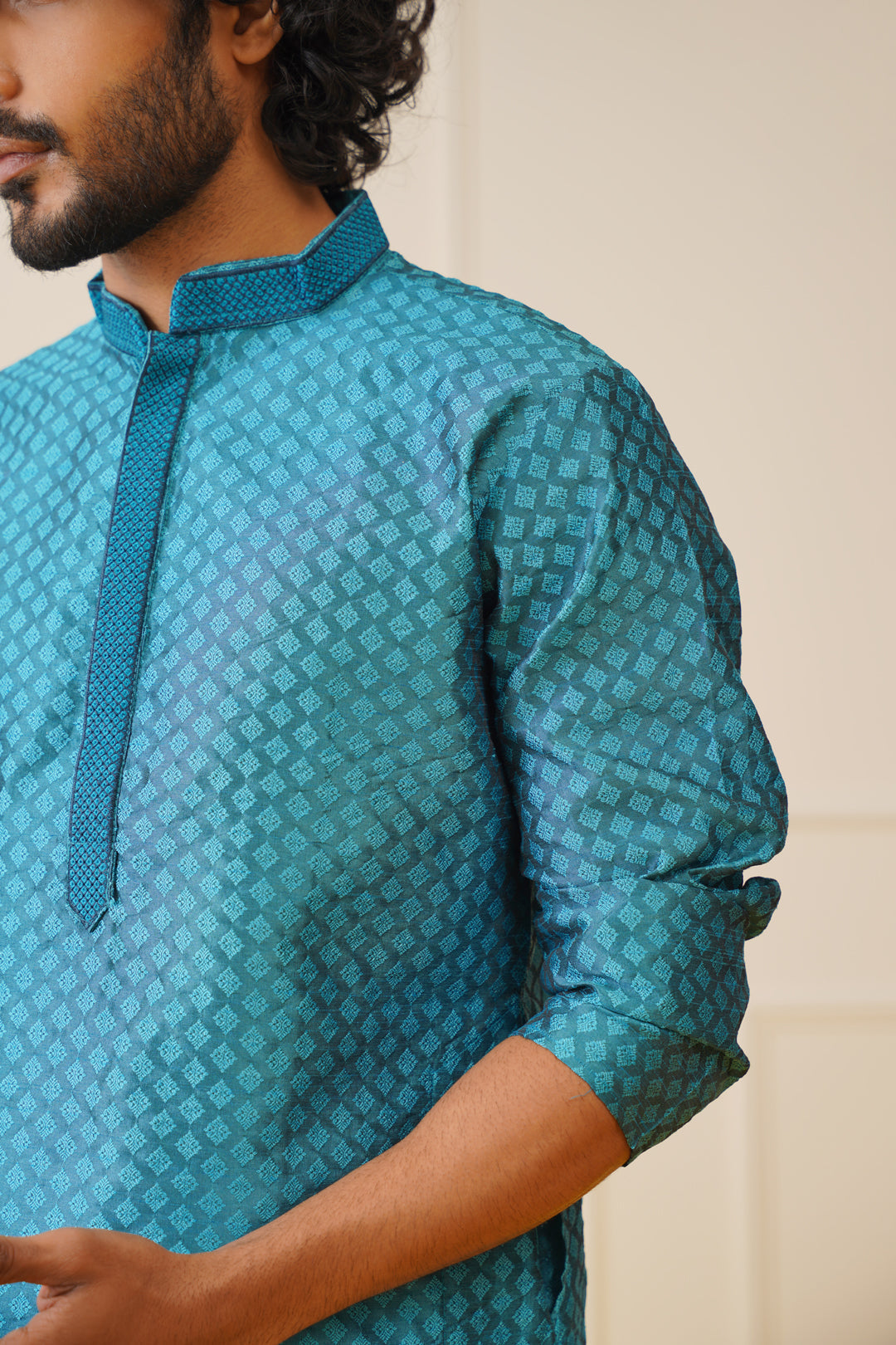 Jompers Men's Peacock Blue Collar Embroidered Kurta - Peacock | Grocsy