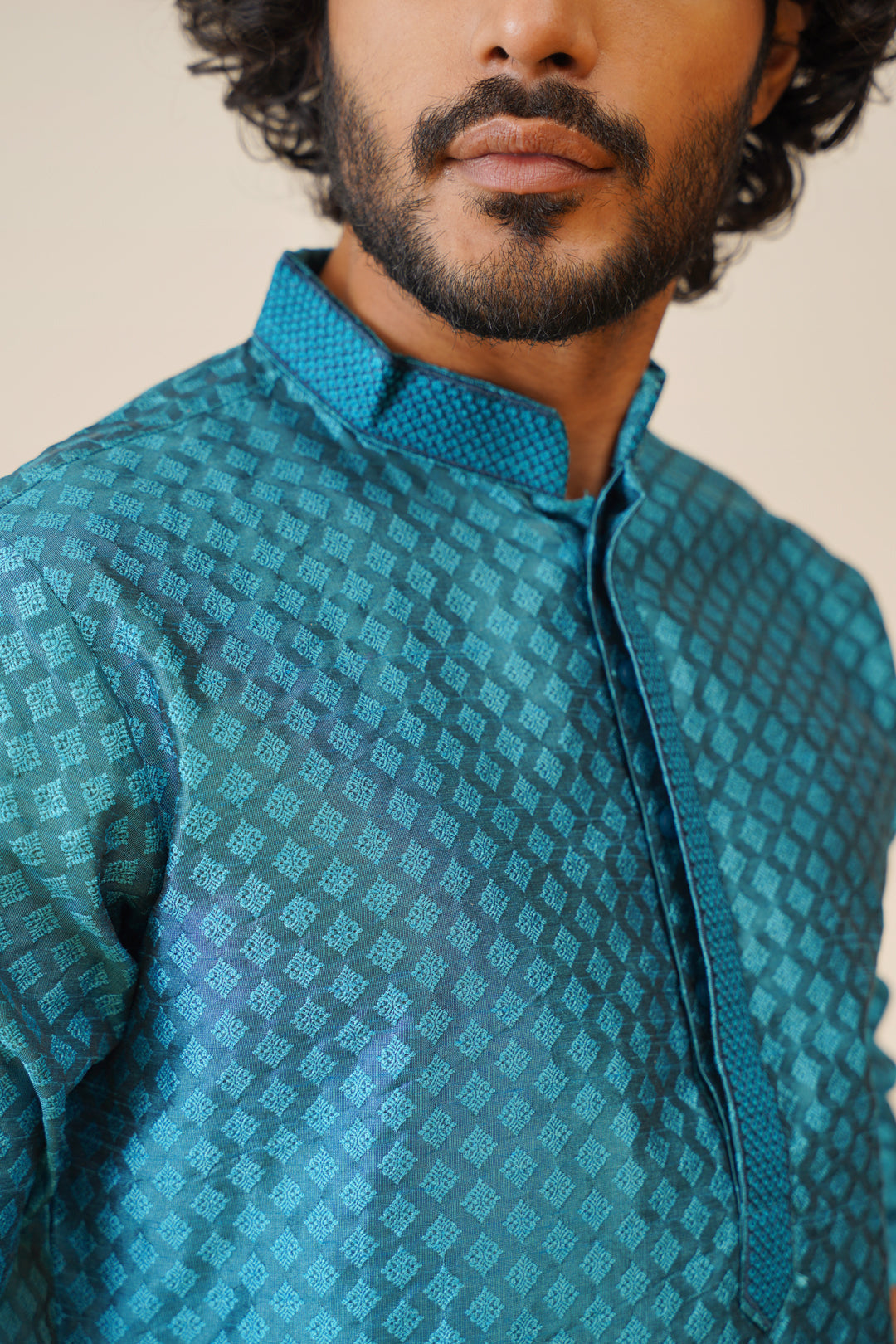 Jompers Men's Peacock Blue Collar Embroidered Kurta - Peacock | Grocsy