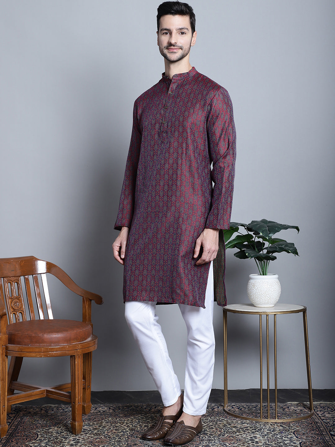 Jompers Men's Maroon Woven Design Kurta with Pyjamas | Grocsy