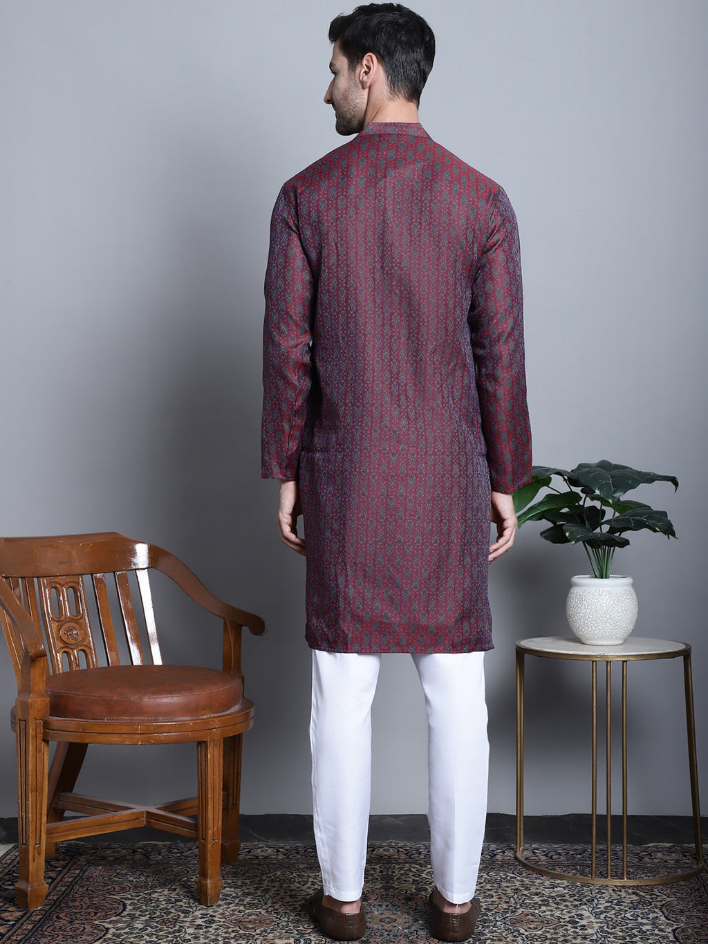 Jompers Men's Maroon Woven Design Kurta with Pyjamas | Grocsy
