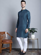 Jompers Men's Navy Blue Woven Design Kurta with Pyjamas | Grocsy