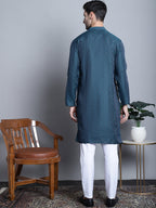 Jompers Men's Navy Blue Woven Design Kurta with Pyjamas | Grocsy