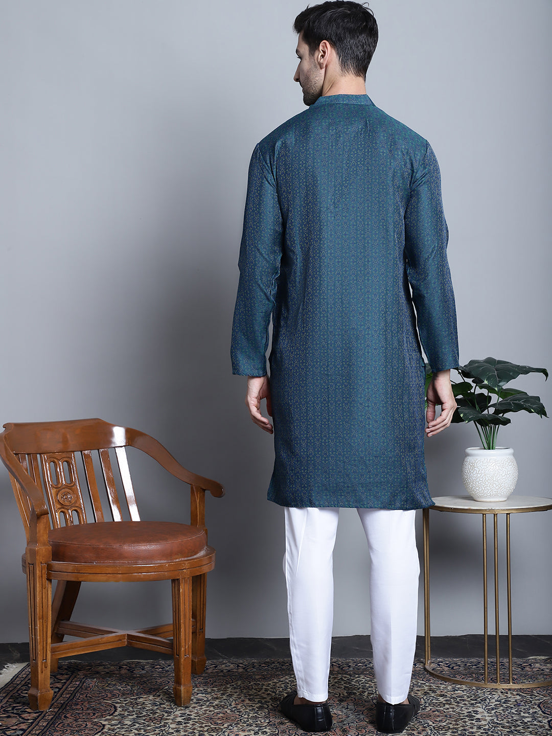 Jompers Men's Navy Blue Woven Design Kurta with Pyjamas | Grocsy