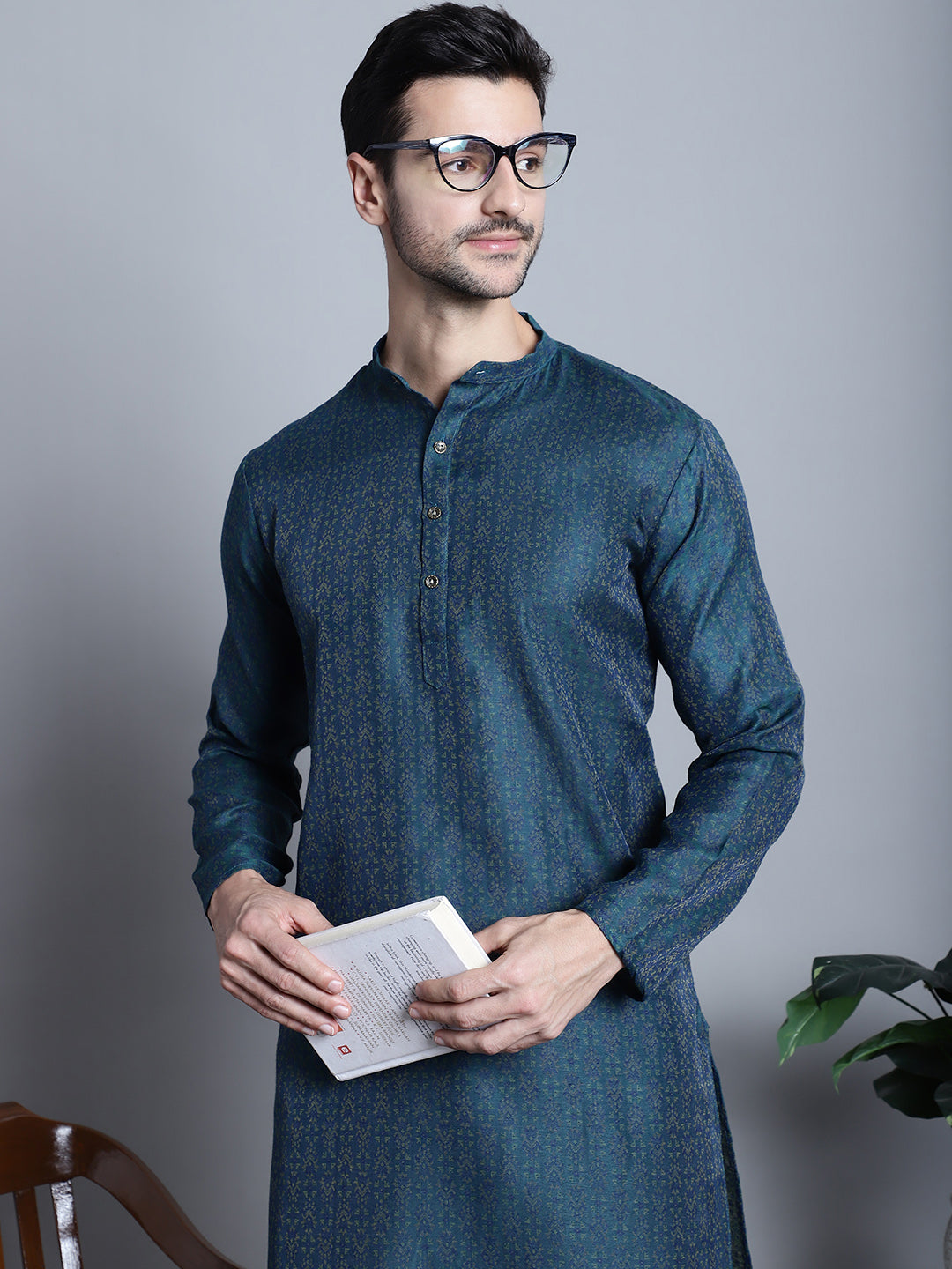 Jompers Men's Navy Blue Woven Design Kurta with Pyjamas | Grocsy
