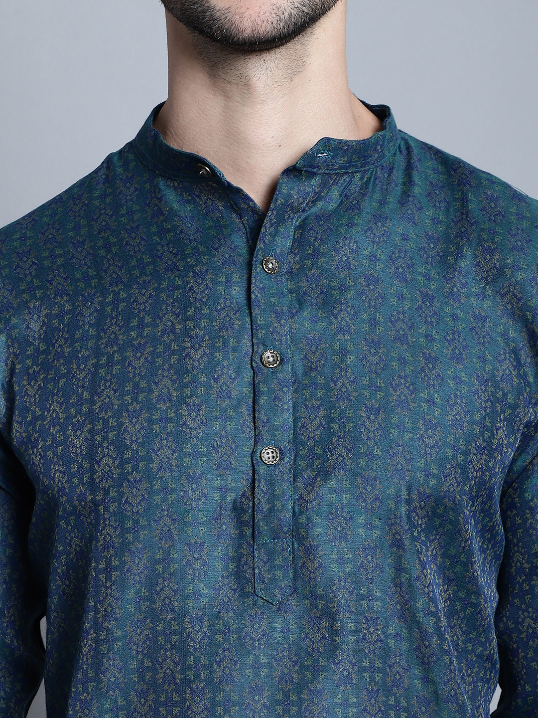 Jompers Men's Navy Blue Woven Design Kurta with Pyjamas | Grocsy