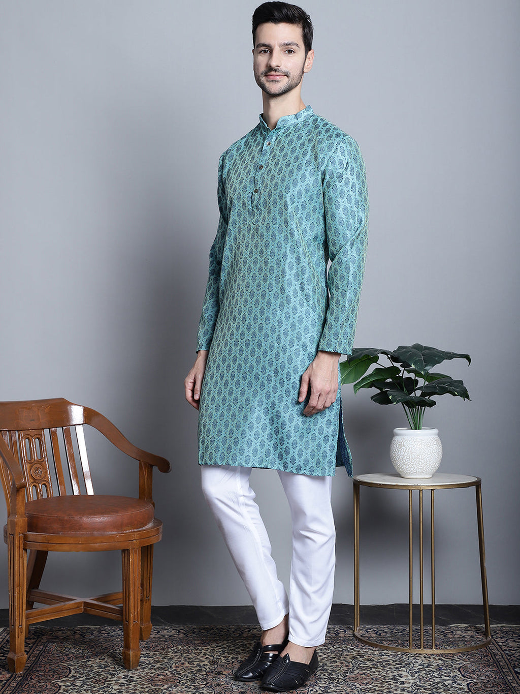 Jompers Men's Blue Woven Design Kurta with Pyjamas | Grocsy