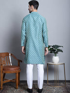 Jompers Men's Blue Woven Design Kurta with Pyjamas | Grocsy