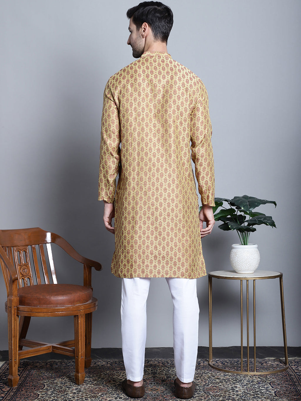 Jompers Men's Yellow Woven Design Kurta with Pyjamas | Grocsy