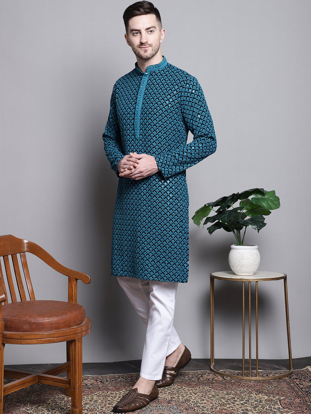 Jompers Men's Sequin Embroidered Pure Cotton Kurta with Pyjamas - Blue | Grocsy