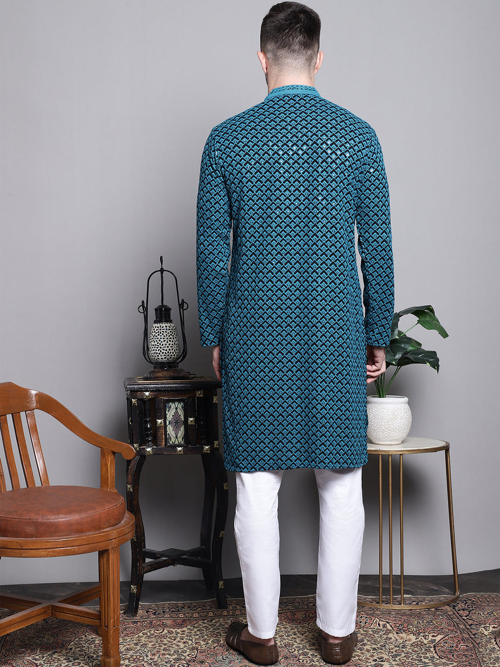 Jompers Men's Sequin Embroidered Pure Cotton Kurta with Pyjamas - Blue | Grocsy