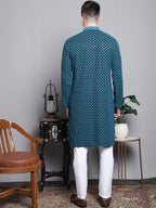 Jompers Men's Sequin Embroidered Pure Cotton Kurta with Pyjamas - Blue | Grocsy
