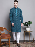 Jompers Men's Sequin Embroidered Pure Cotton Kurta with Pyjamas - Blue | Grocsy