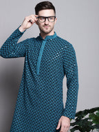 Jompers Men's Sequin Embroidered Pure Cotton Kurta with Pyjamas - Blue | Grocsy