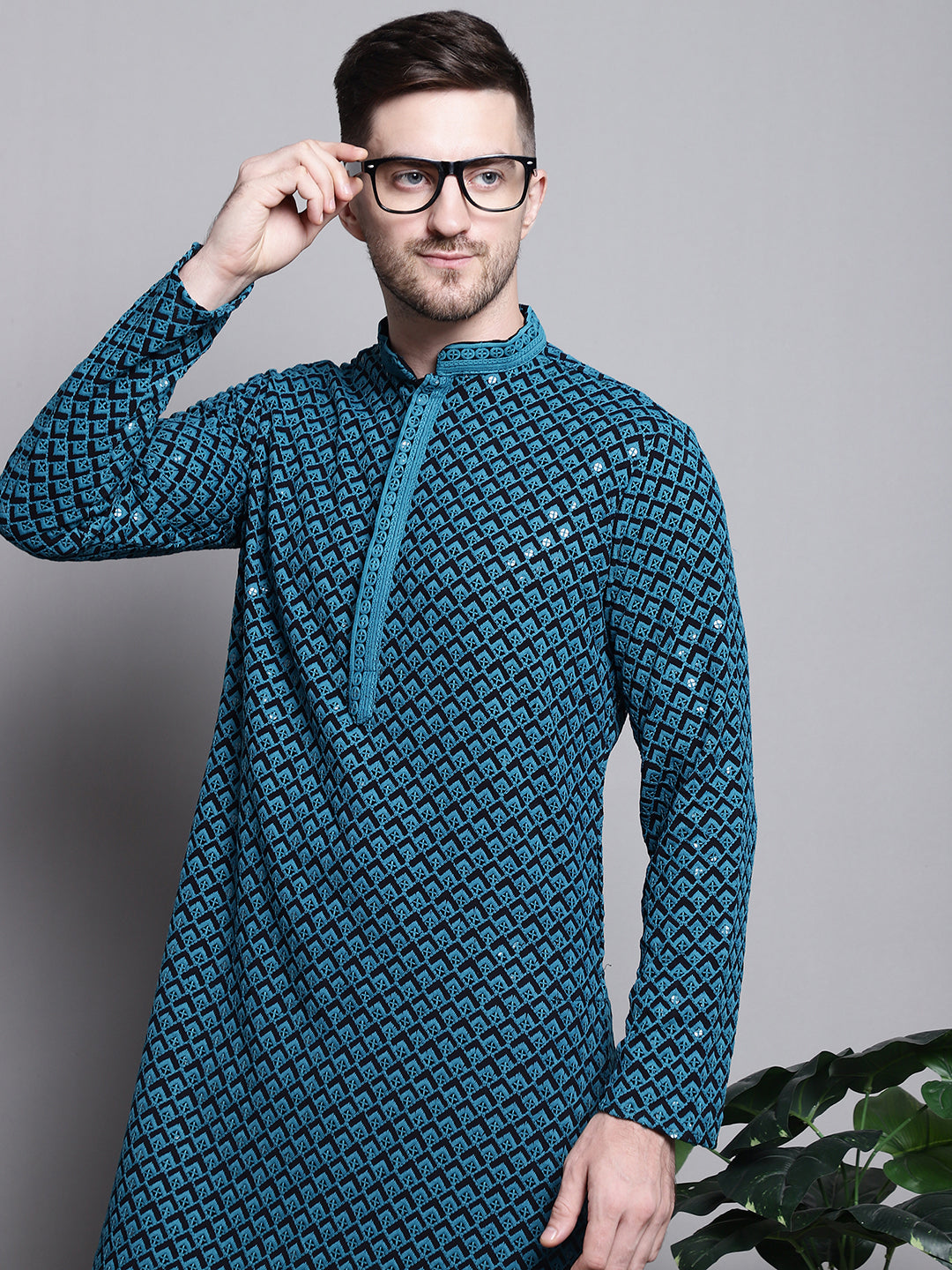 Jompers Men's Sequin Embroidered Pure Cotton Kurta with Pyjamas - Blue | Grocsy