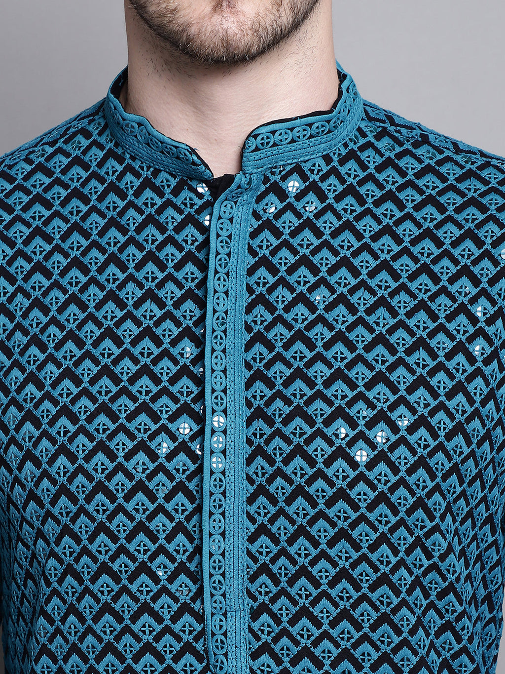 Jompers Men's Sequin Embroidered Pure Cotton Kurta with Pyjamas - Blue | Grocsy