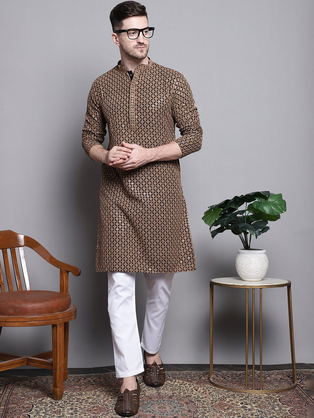 Jompers Men's Sequin Embroidered Pure Cotton Kurta with Pyjamas - Brown | Grocsy