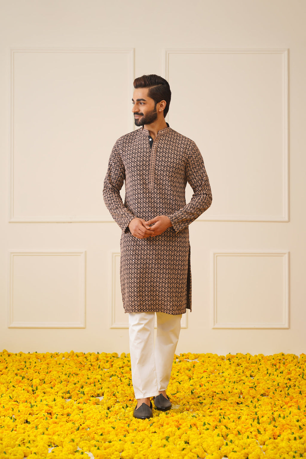 Jompers Men's Sequin Embroidered Pure Cotton Kurta - Brown | Grocsy