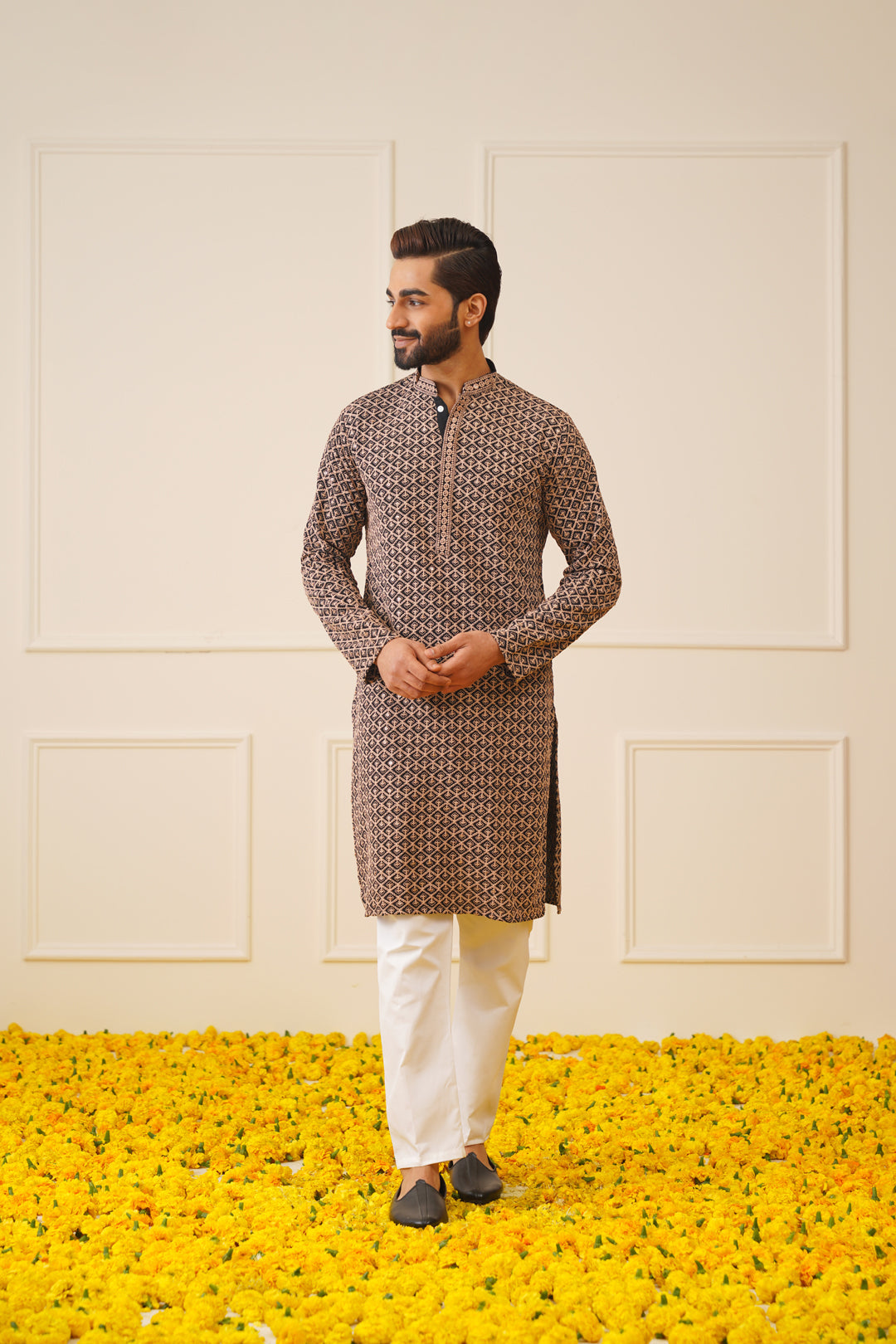 Jompers Men's Sequin Embroidered Pure Cotton Kurta - Brown | Grocsy